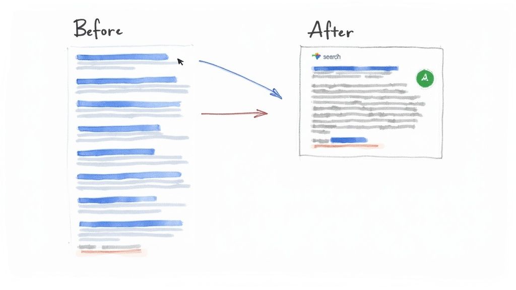 Visual comparison of traditional search results evolving into a modern question-answering display.