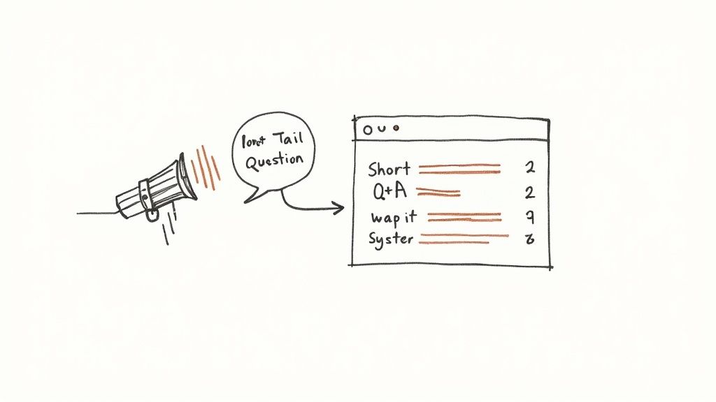 Megaphone announces a short tail question, generating a categorized list of answers and related terms.