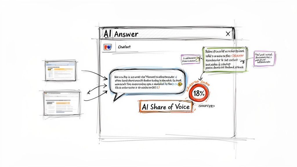Diagram of an AI chatbot answer window, showing share of voice and linked web sources.