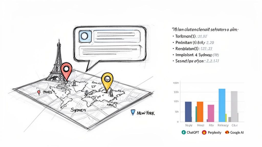 A sketch map displays Paris, Sydney, and New York with location pins, alongside a bar chart comparing AI services.