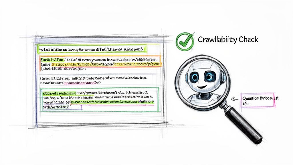 A robot examining a document for crawlability issues with a green checkmark icon.