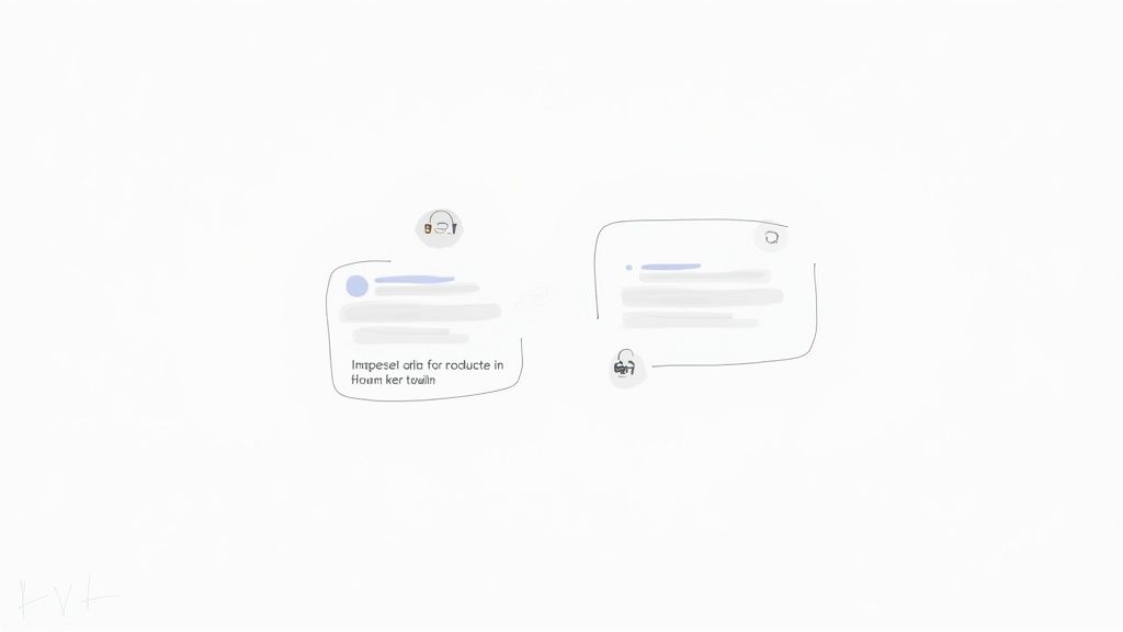 A hand-drawn sketch of two chat bubbles with placeholder text and user icons on a white background.