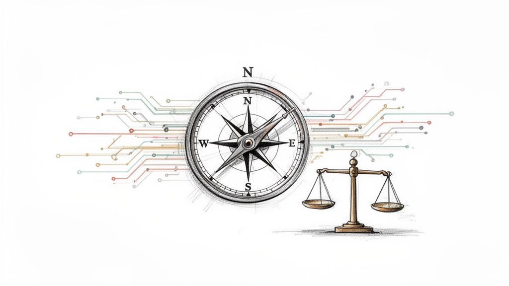 A sketch of a compass and a balance scale with circuit board lines in the background.