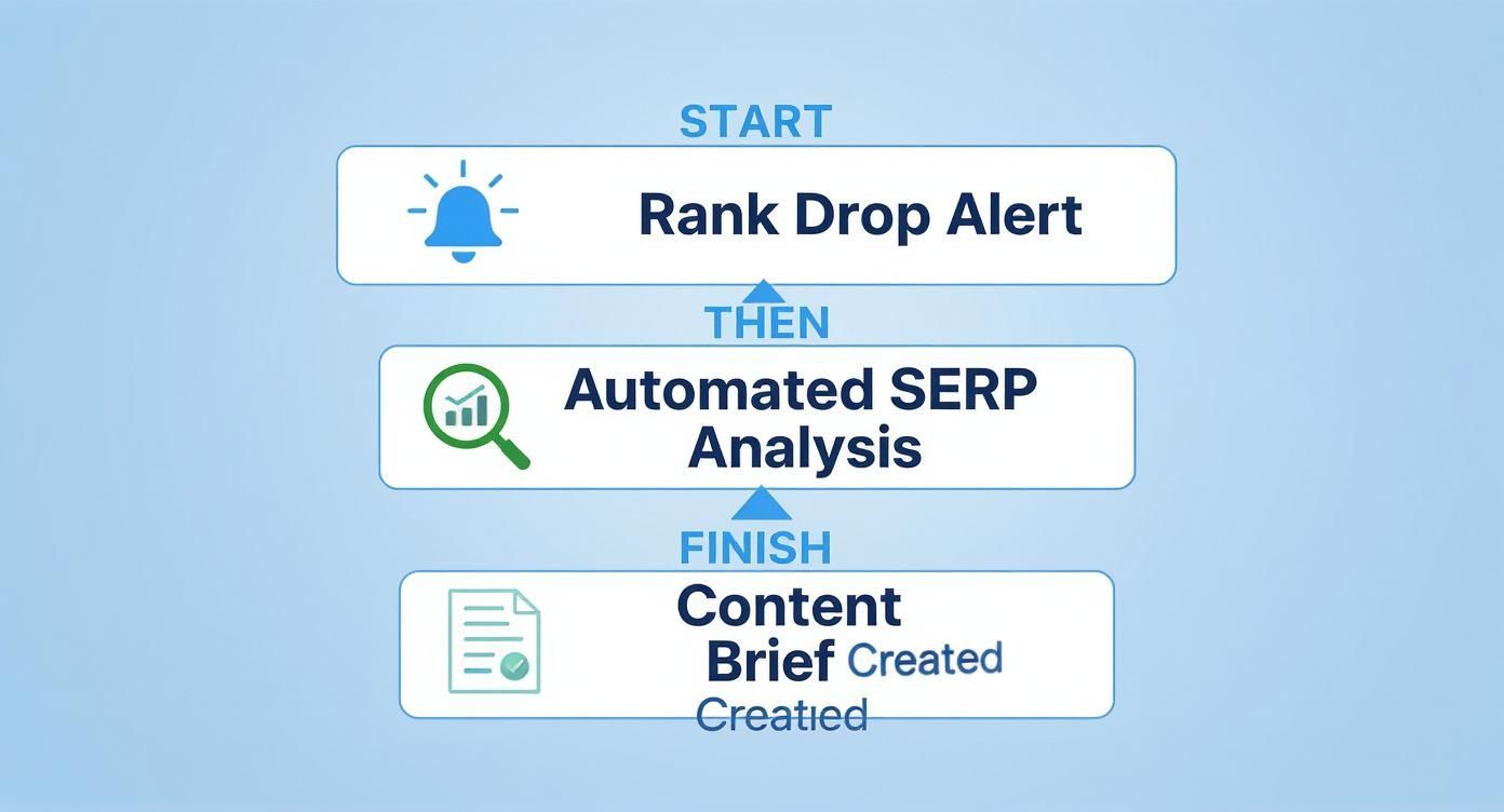 Flowchart showing a process from rank drop alert to automated SERP analysis and content brief creation.