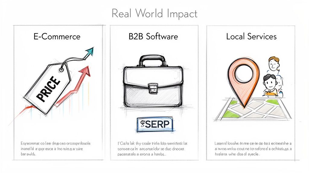 Illustrative infographic showing real-world business impact for e-commerce, B2B software, and local services.