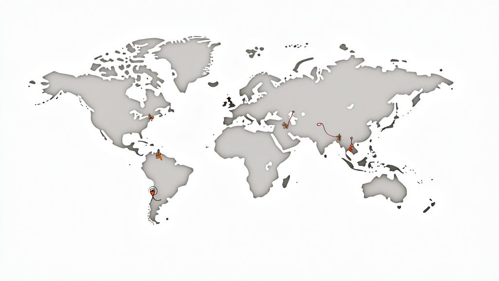 A world map depicting multiple pinned locations and connecting travel routes across continents.