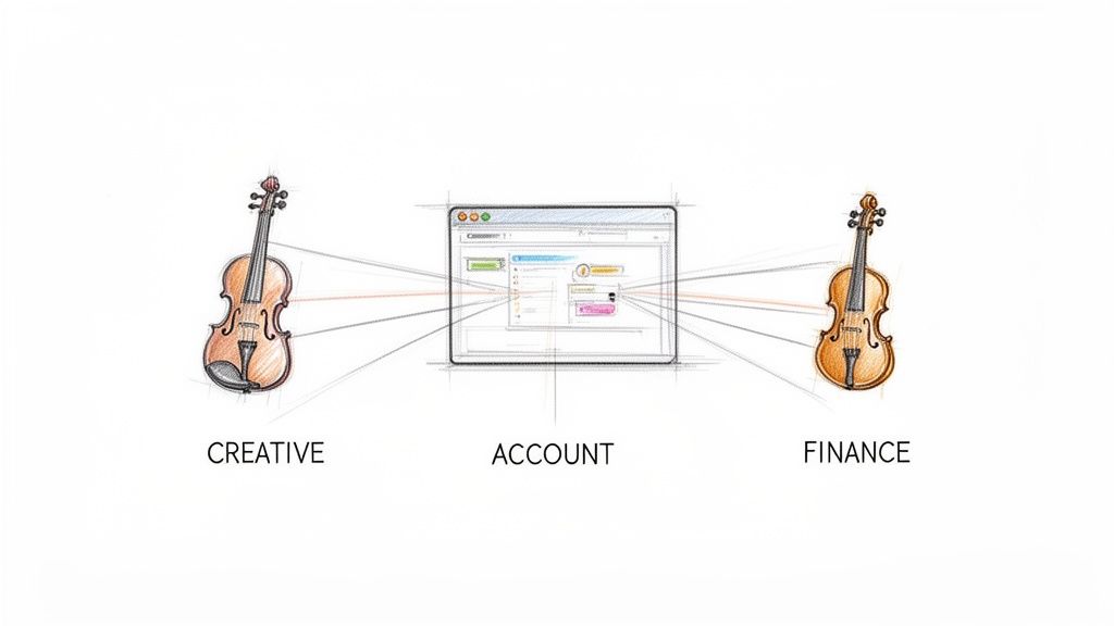 Sketch of creative and finance violins connected to an account software interface.
