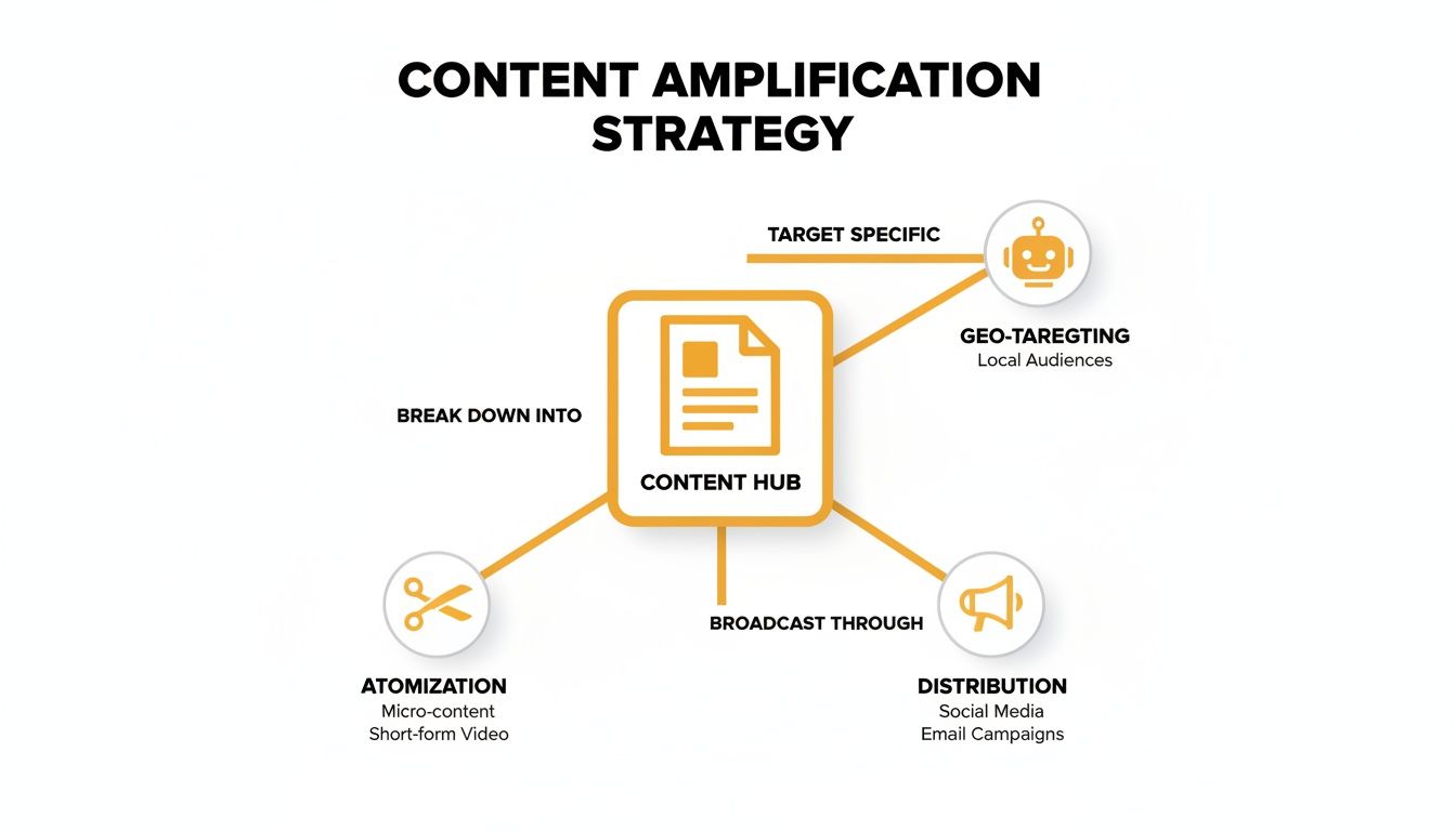 Diagram illustrating a content amplification strategy, breaking a content hub into geo-targeting, atomization, and distribution.