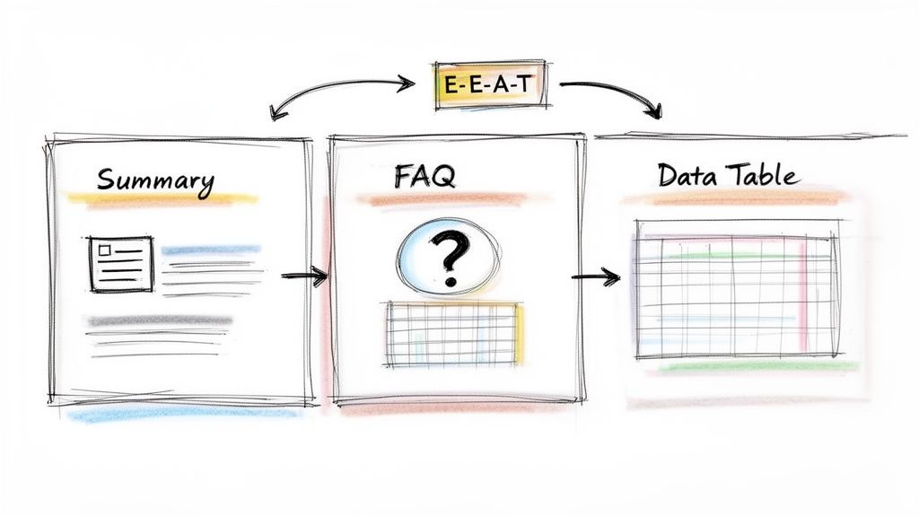 Flowchart illustrating content creation from summary to FAQ and data table, guided by E-E-A-T principles.