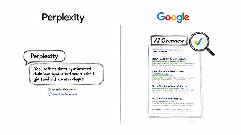 Comparison of Perplexity AI-generated response with Google's AI Overview in search results.