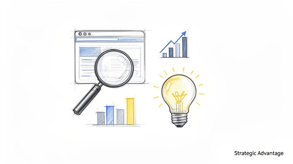 Hand-drawn sketch illustrating a magnifying glass over a web page, growth charts, and a bright idea light bulb.