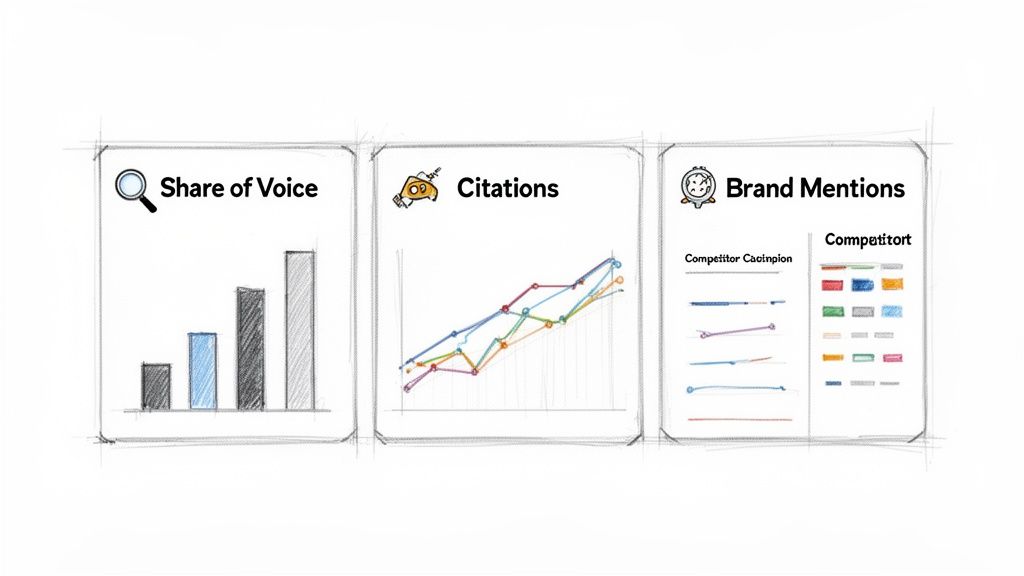 Three sketch-style charts illustrating Share of Voice, Citations, and Brand Mentions, key SEO metrics.
