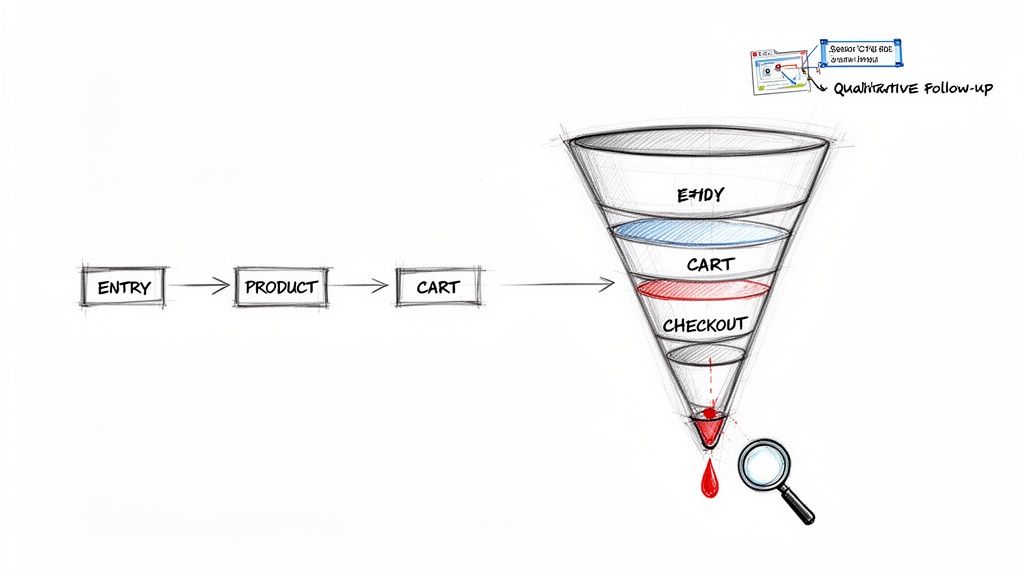 A diagram illustrates a user journey leading to a sales funnel and qualitative follow-up analysis.
