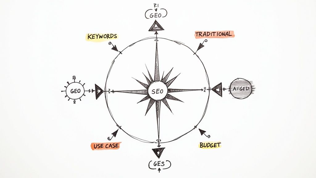 A hand-drawn compass diagram illustrating various factors influencing an SEO strategy.