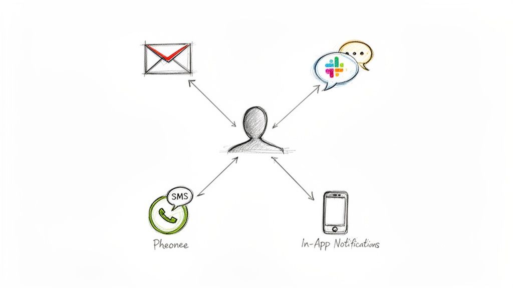 A diagram illustrating a central user receiving communications through email, Slack, Pheonee (SMS), and in-app notifications.