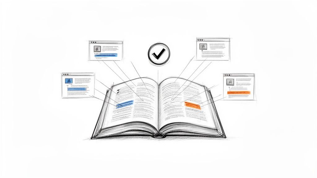 Sketch of an open book with highlighted text, connected to multiple online sources, symbolizing information verification.