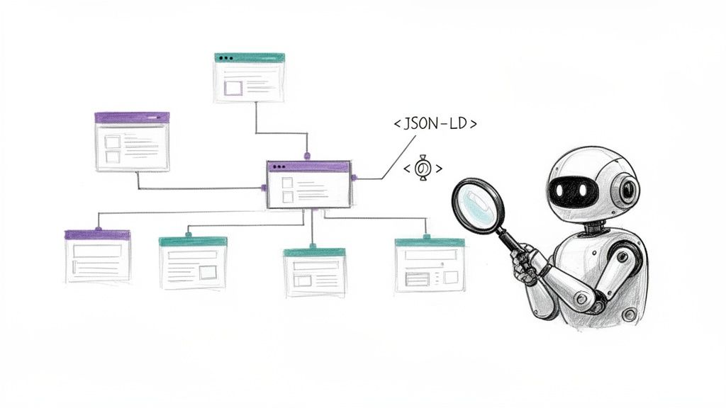 A robot with a magnifying glass inspects a JSON-LD data structure, illustrating linked data relationships.