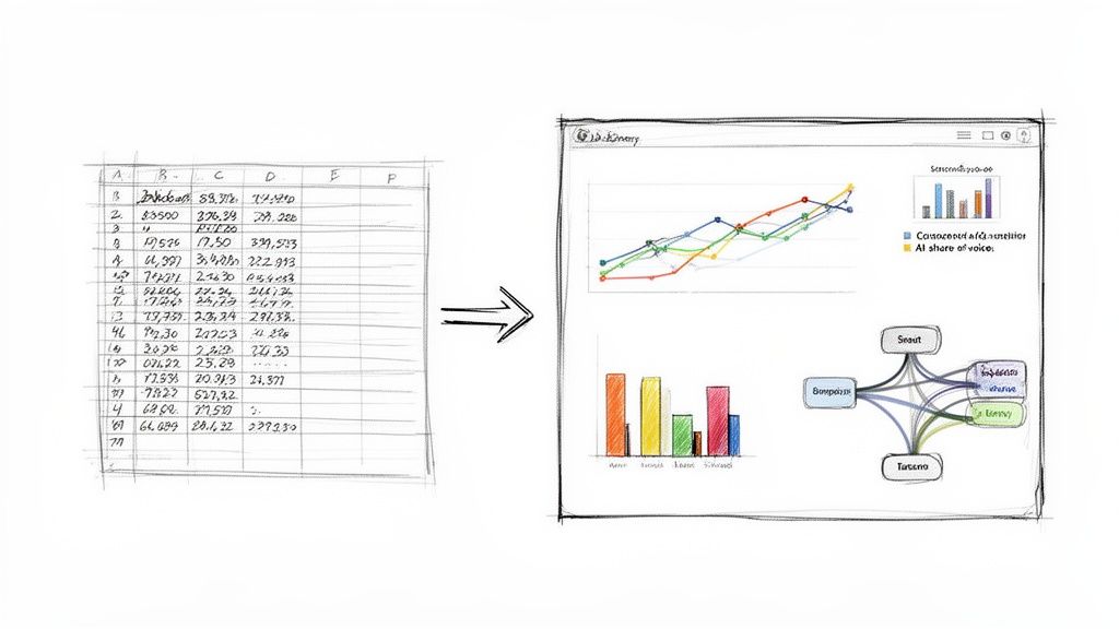 A handwritten spreadsheet transforms into a digital dashboard displaying various data visualizations and charts.