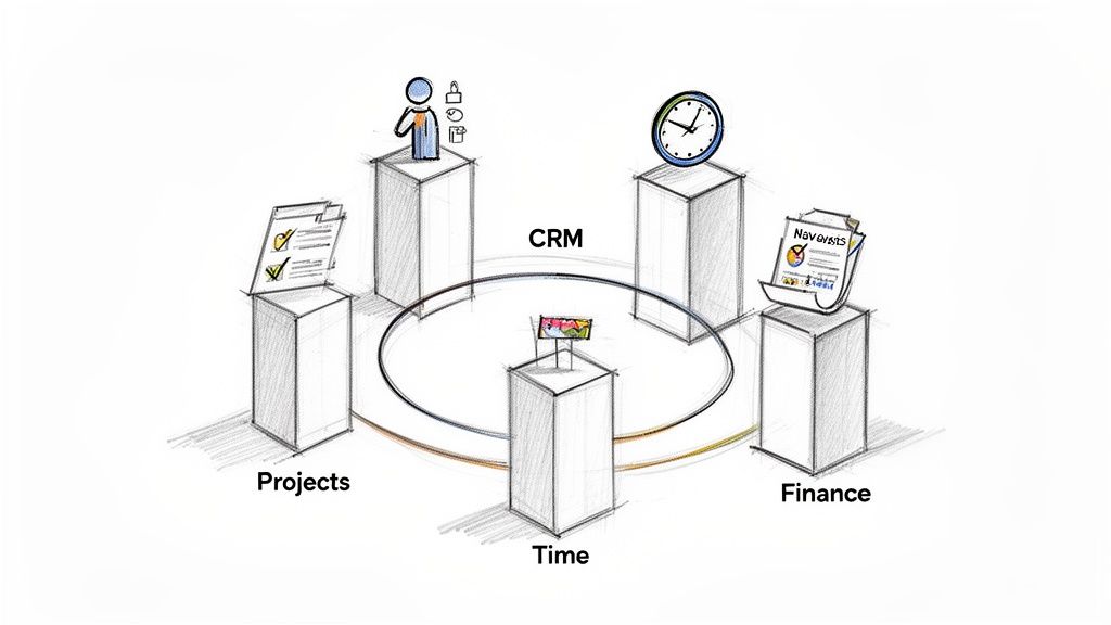 Sketch illustrating a central CRM system connecting various business functions like projects, time, and finance.