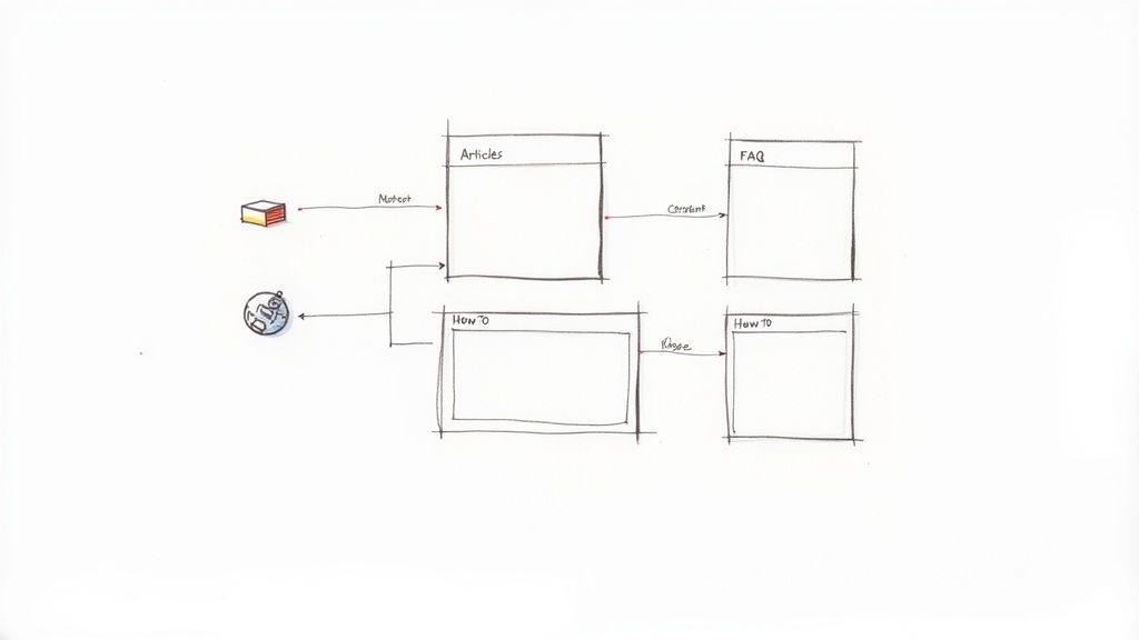Hand-drawn diagram illustrating content flow between articles, FAQ, and how-to guides.