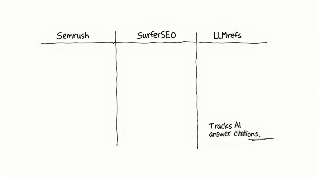 Handwritten comparison table of SEO tools: Semrush, SurferSEO, LLMrefs, highlighting LLMrefs' AI citation tracking.