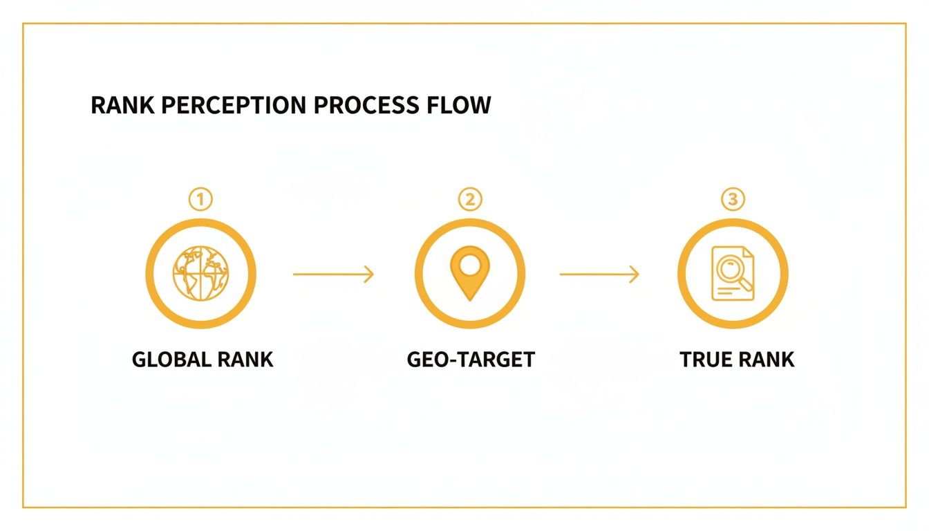 Flowchart illustrating the rank perception process from global rank to geo-target and true rank with icons.