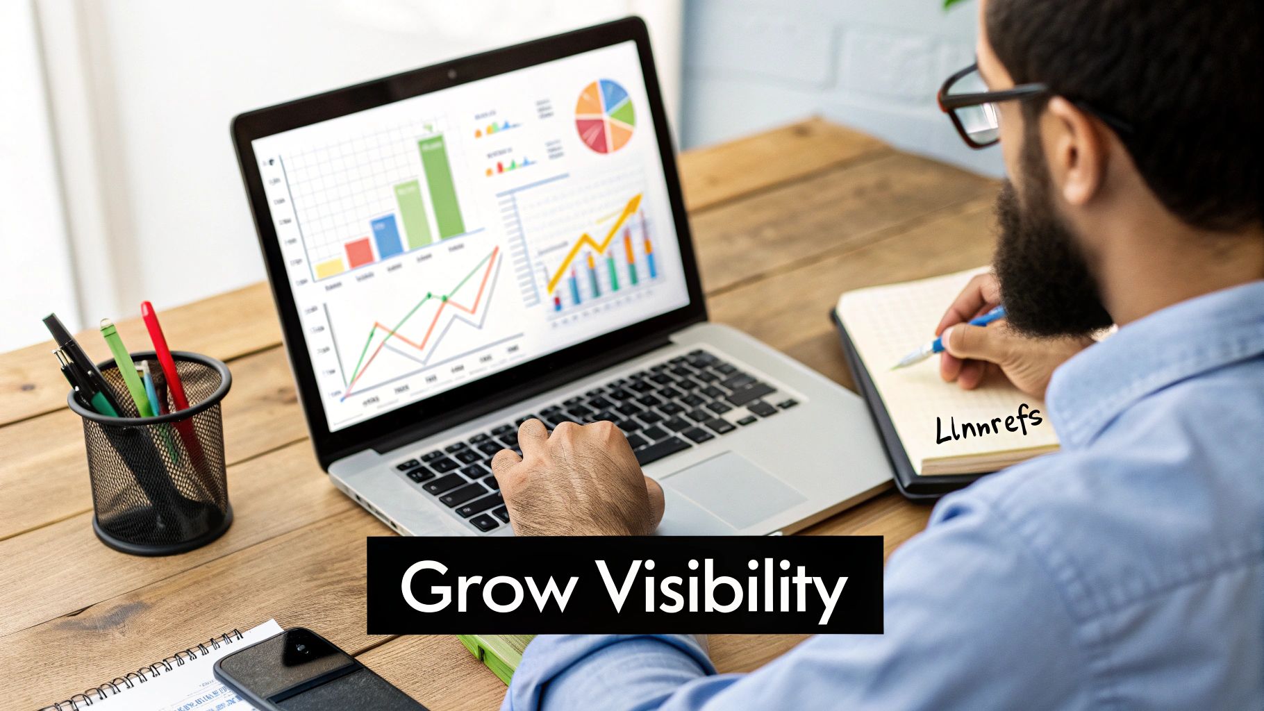 A person at a desk using LLMrefs on a computer to analyze data and plan a strategy.