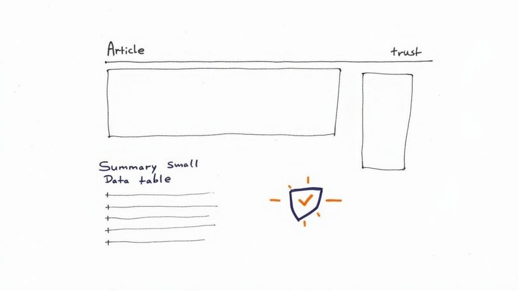 Hand-drawn sketch of a webpage layout showing an article content area, trust section, summary table, and a security shield icon.