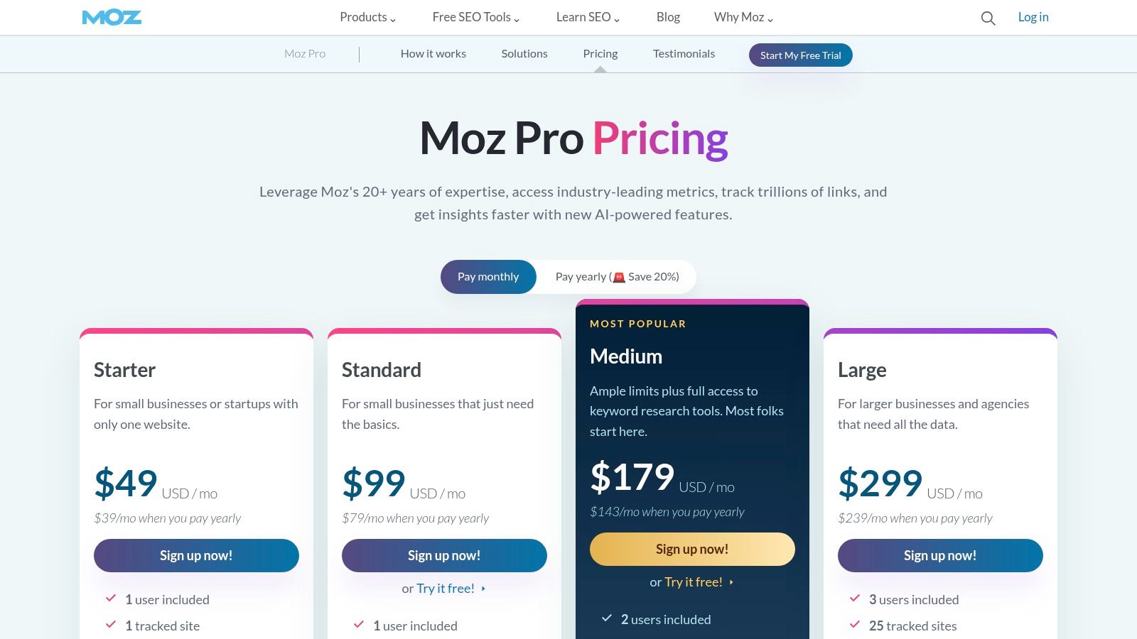 Moz Pro pricing plans page