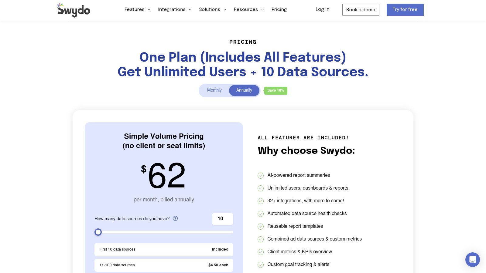 Swydo pricing plans for seo reporting software for agencies