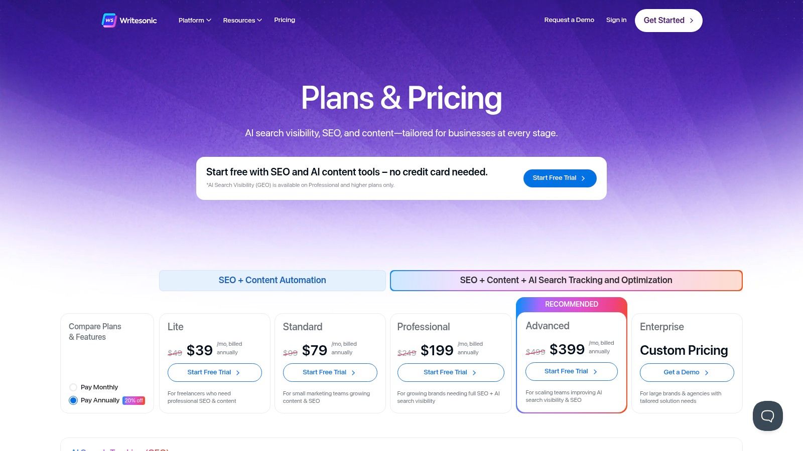 Writesonic (Chatsonic + SEO & AI Search Visibility suite)