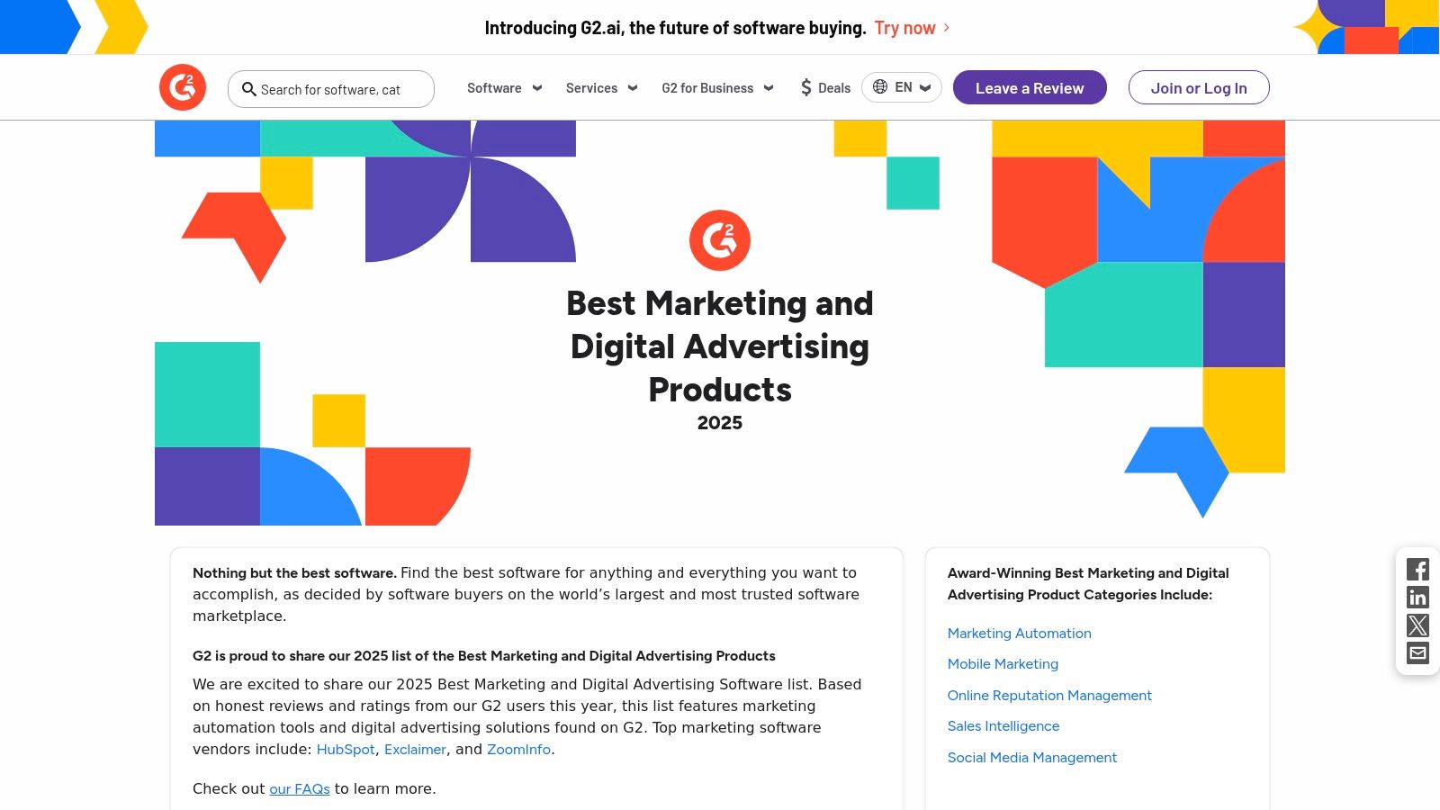 G2 – Best Marketing & Digital Advertising Software (comparison hub)