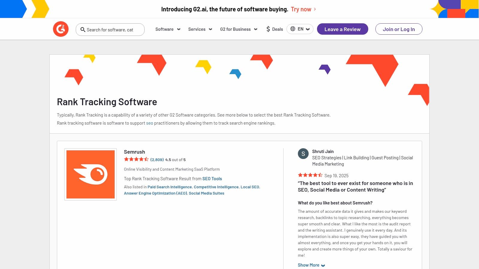 G2 – Rank Tracking Software category