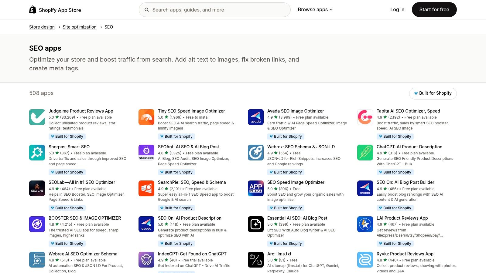 Shopify App Store – SEO Category