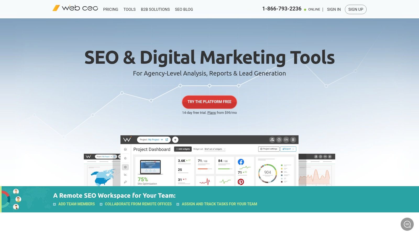 WebCEO's white-label SEO dashboard provides a branded client portal experience.