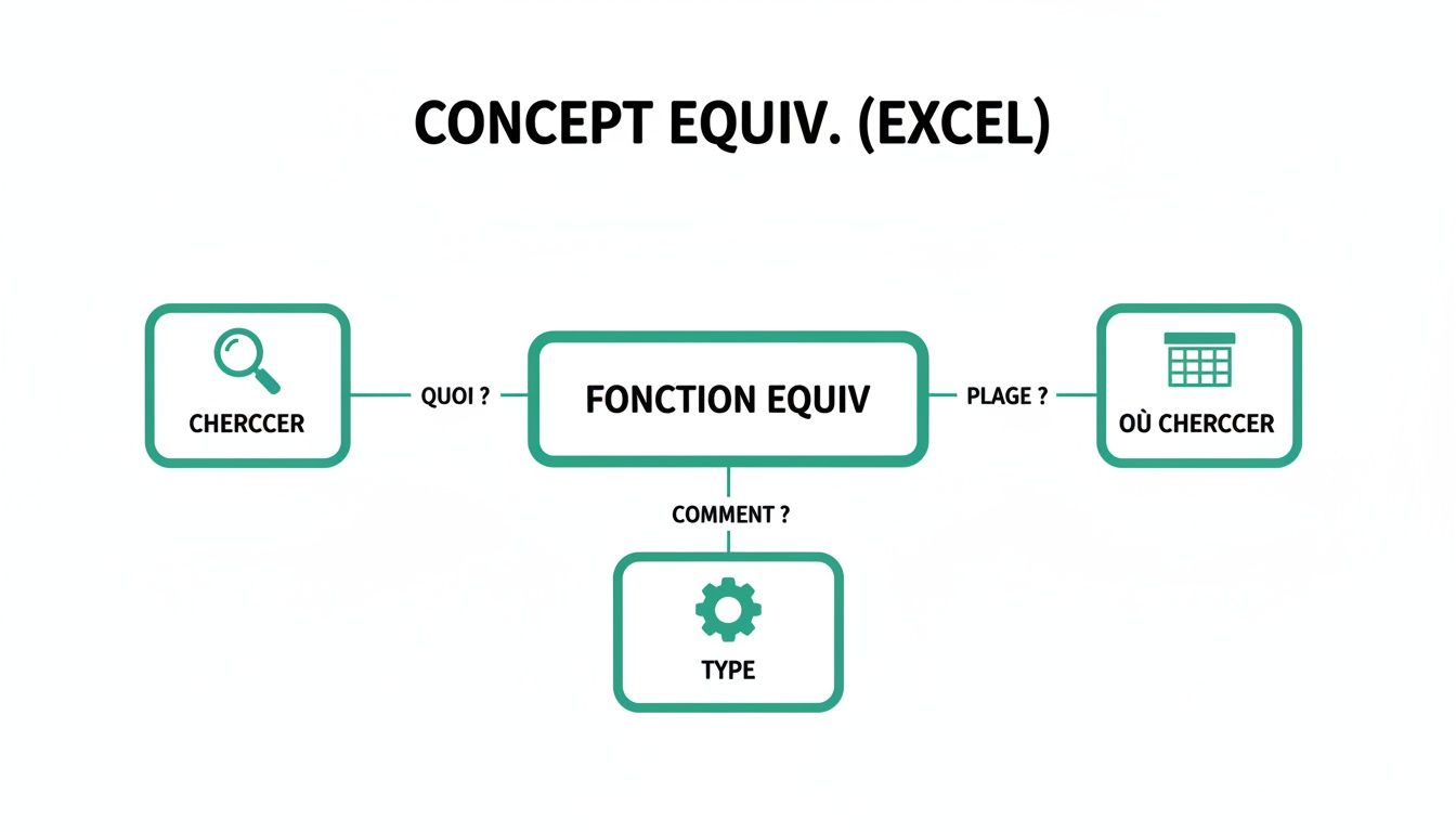 Diagramme expliquant le concept de la fonction EQUIV d'Excel, détaillant les arguments quoi, où chercher et le type de correspondance.