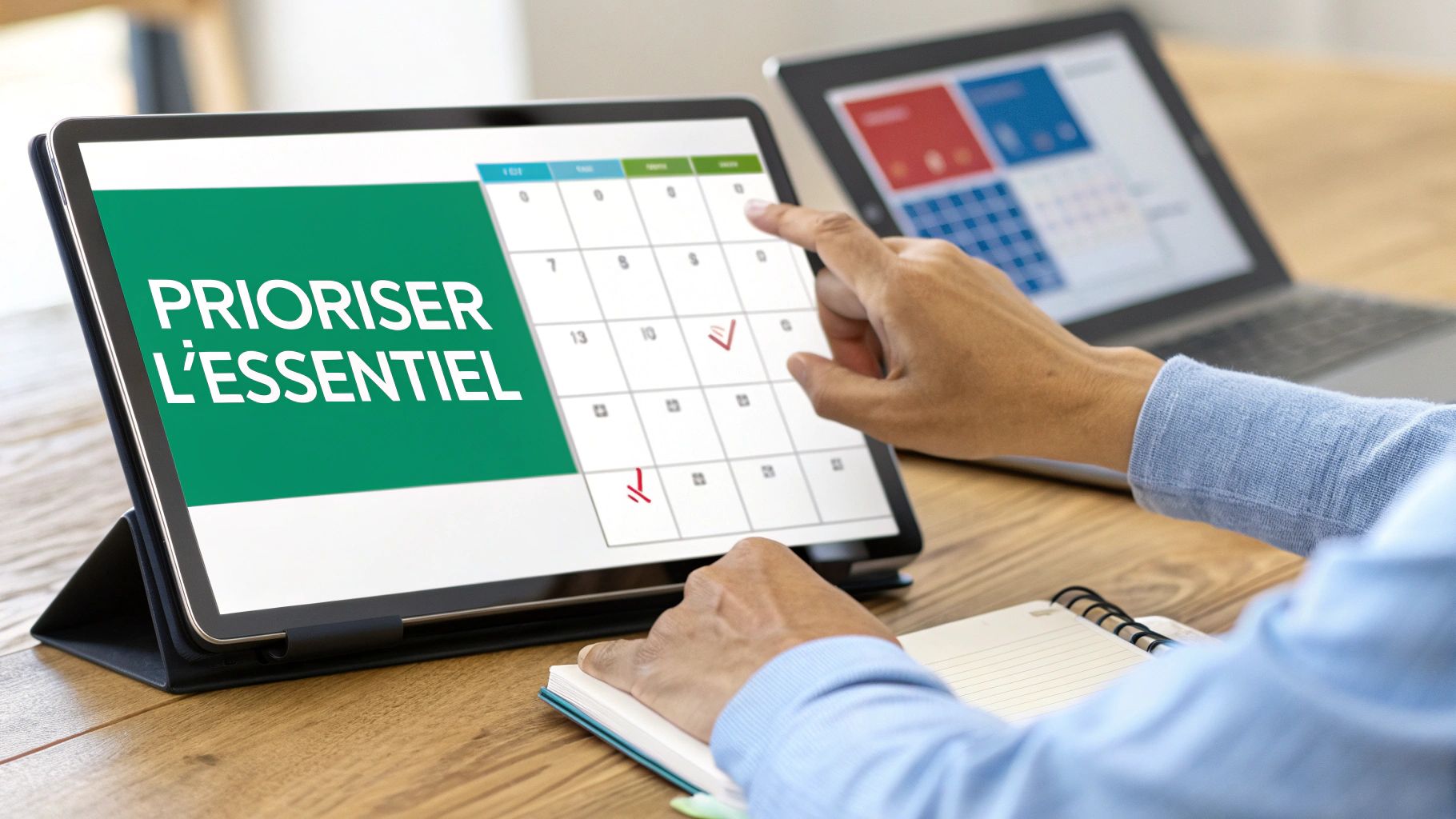 Une personne organise son emploi du temps sur une tablette affichant 'PRIORISER L'ESSENTIEL' et un calendrier.