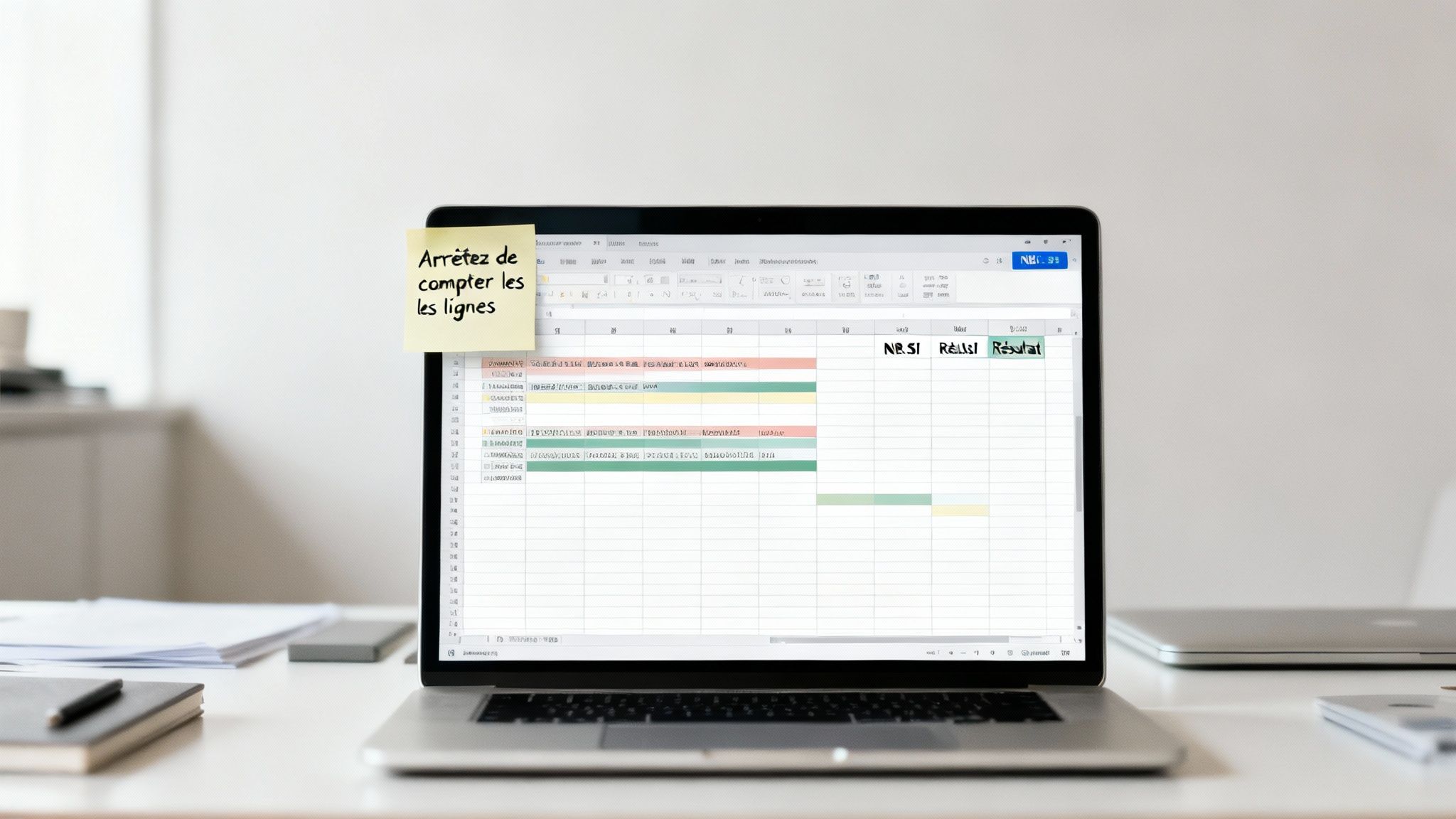 Un ordinateur portable affichant une feuille de calcul avec un plan de projet et une note jaune : «Arrêtez de compter les lignes».