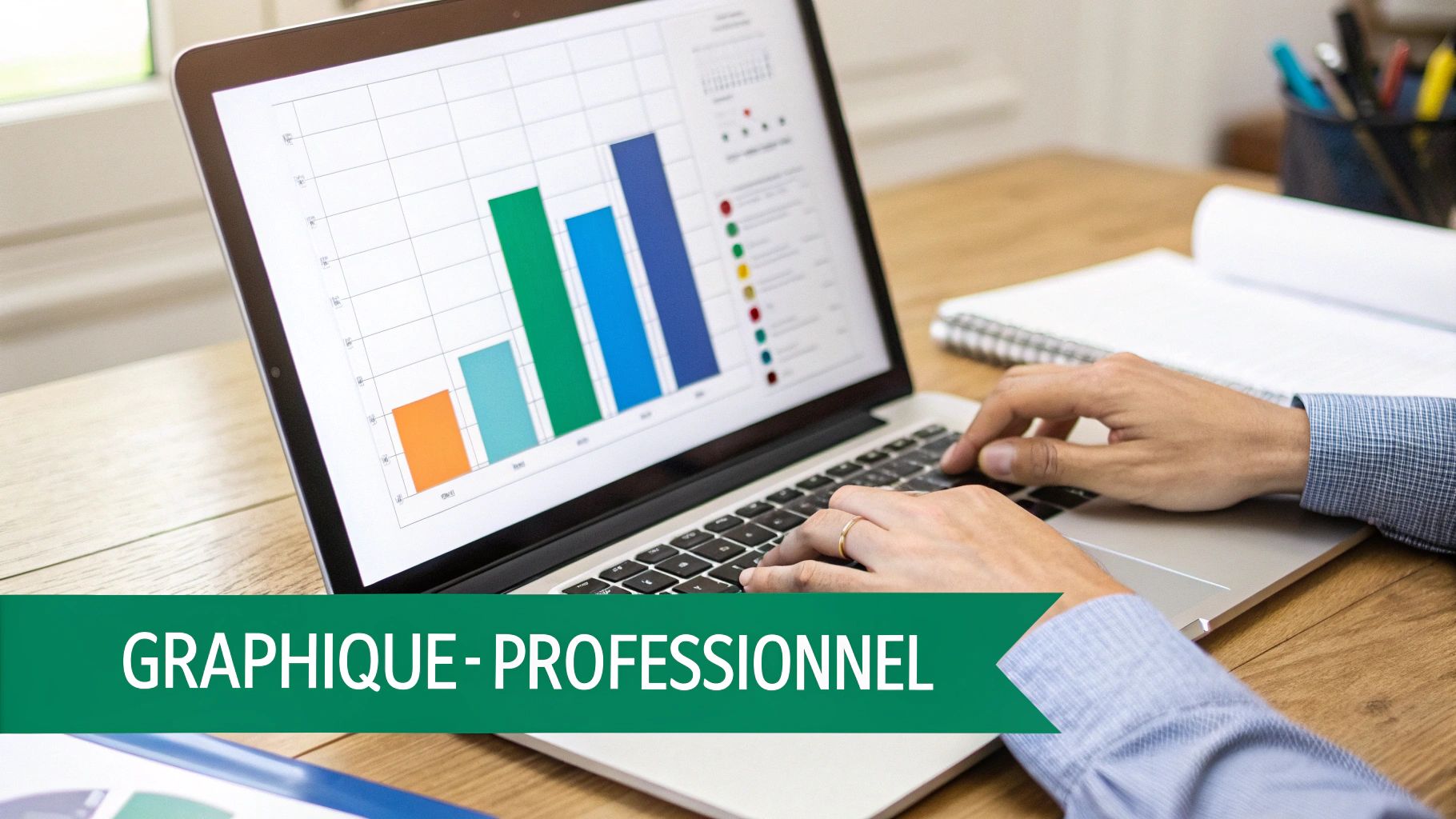 Une personne travaille sur un ordinateur portable affichant un graphique à barres, illustrant l'analyse de données professionnelles.