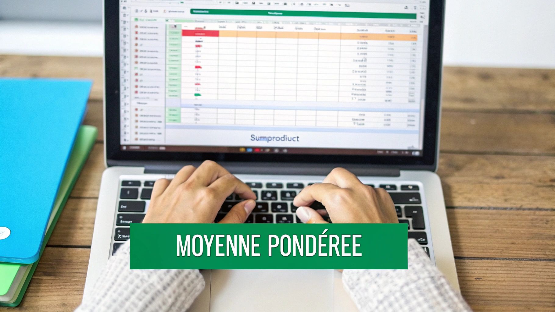 Des mains tapant sur un ordinateur portable, affichant un tableau de données et le texte 'Moyenne Pondérée'.