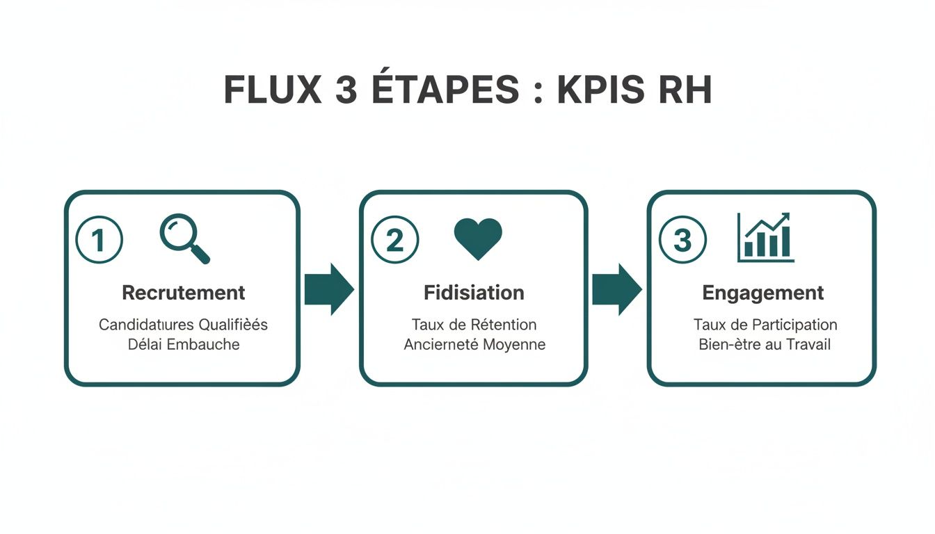 Infographie illustrant le flux en 3 étapes des KPIs RH pour le recrutement, la fidélisation et l'engagement des employés.