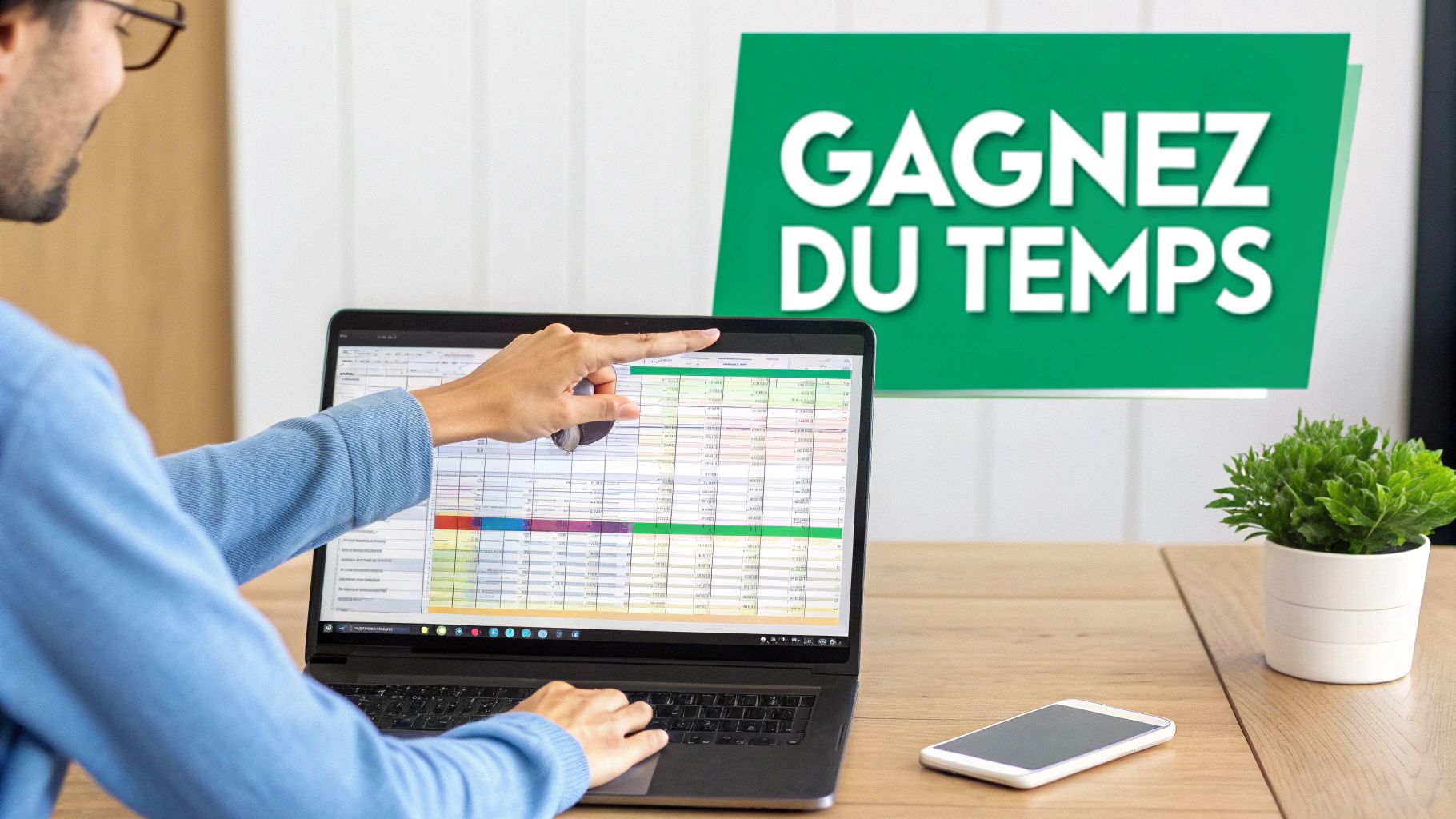 Personne travaillant sur un ordinateur portable, pointant un tableur Excel à l'écran, avec une pancarte « GAGNEZ DU TEMPS ».