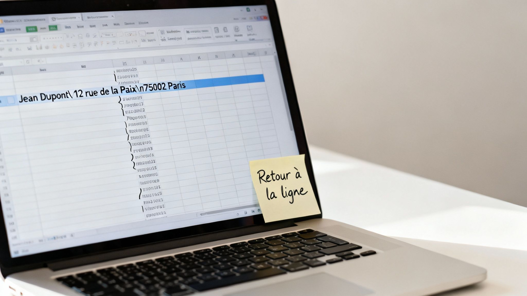 Ordinateur portable affichant une feuille de calcul Excel, avec une cellule sélectionnée et une note "Retour à la ligne".