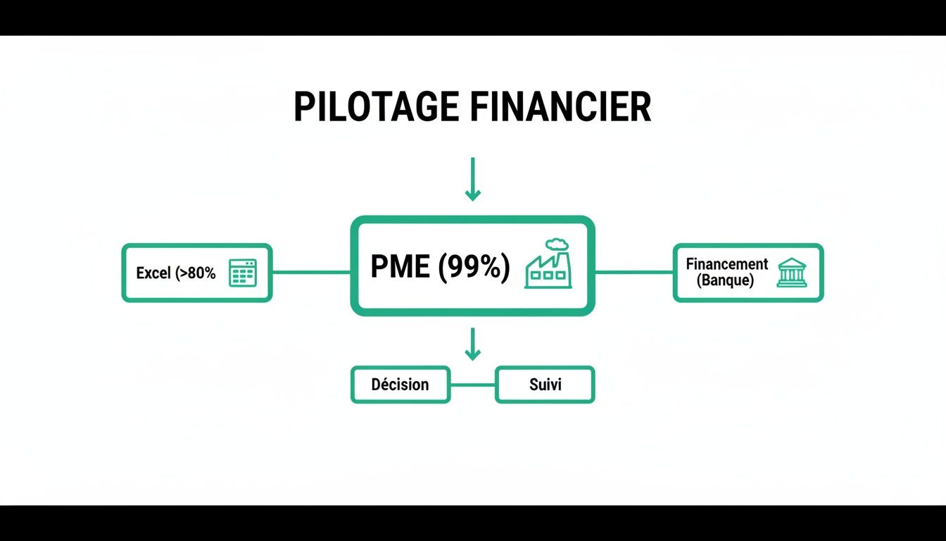 Schéma du pilotage financier des PME, illustrant l'importance d'Excel, le financement bancaire, les décisions et le suivi.