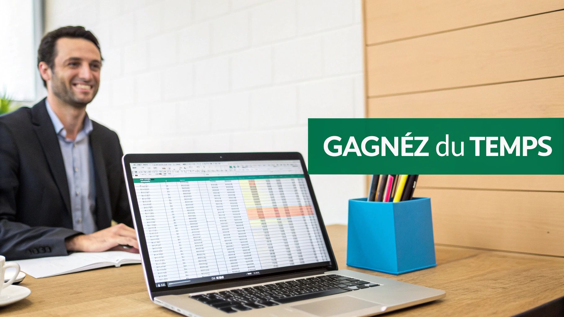 Un homme souriant regarde un ordinateur portable ouvert affichant un tableau Excel avec le message « GAGNEZ du TEMPS ».