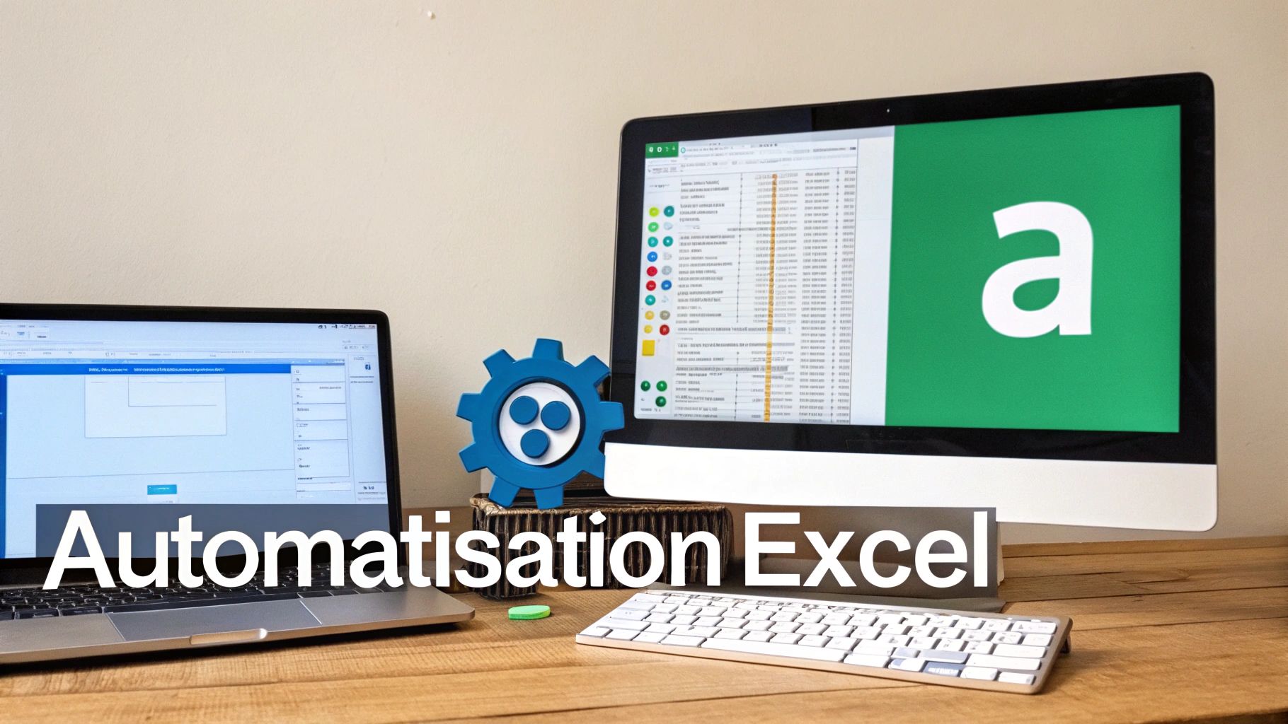 Bureau avec un ordinateur portable, un écran affichant des données Excel, un engrenage bleu, symbolisant l'automatisation Excel.