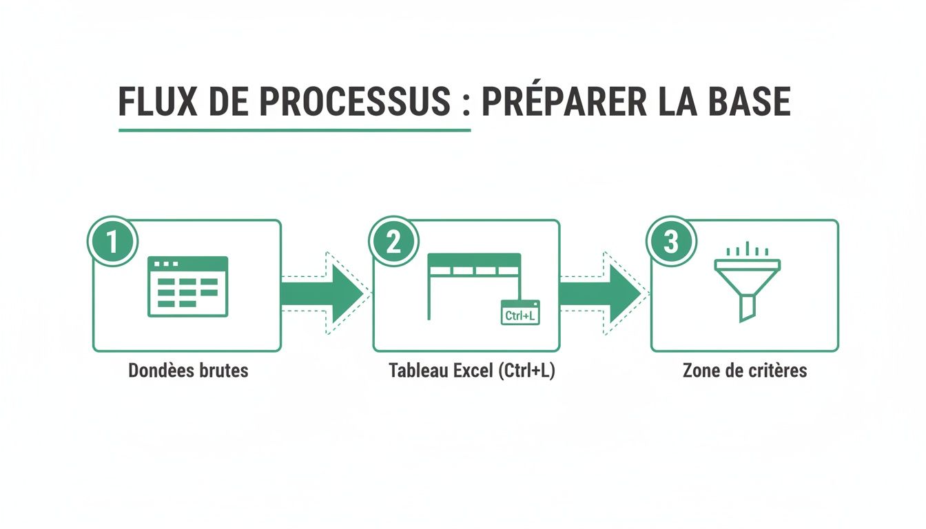 Diagramme de processus pour préparer une base : données brutes, transformées en tableau Excel (Ctrl+L), puis filtrage avec des critères.