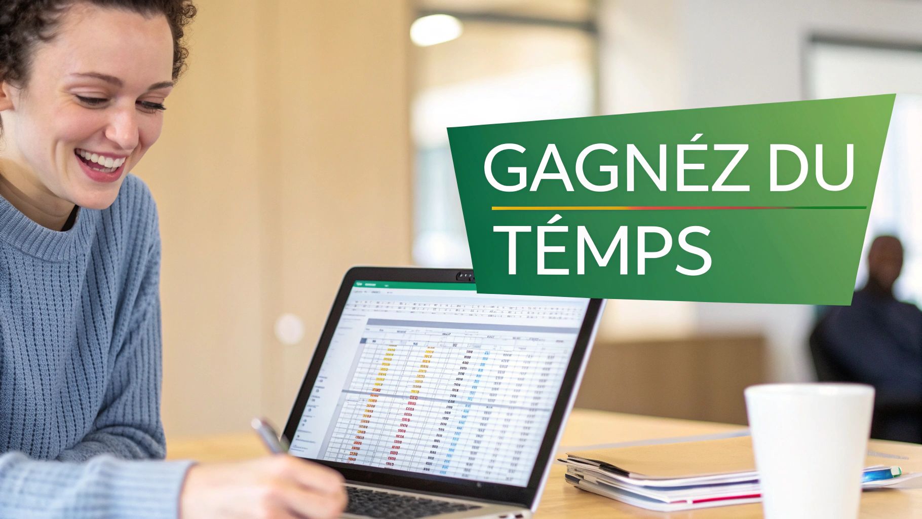 Une femme souriante travaille avec concentration sur un ordinateur portable, affichant un tableau Excel, avec une bannière indiquant 'Gagnez du temps'.