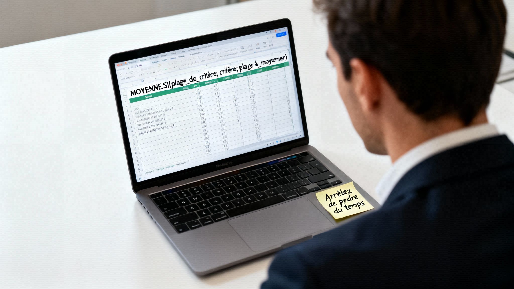 Un homme utilise un ordinateur portable affichant une formule Excel MOYENNE.SI, avec un post-it 'Arrêtez de perdre du temps'.