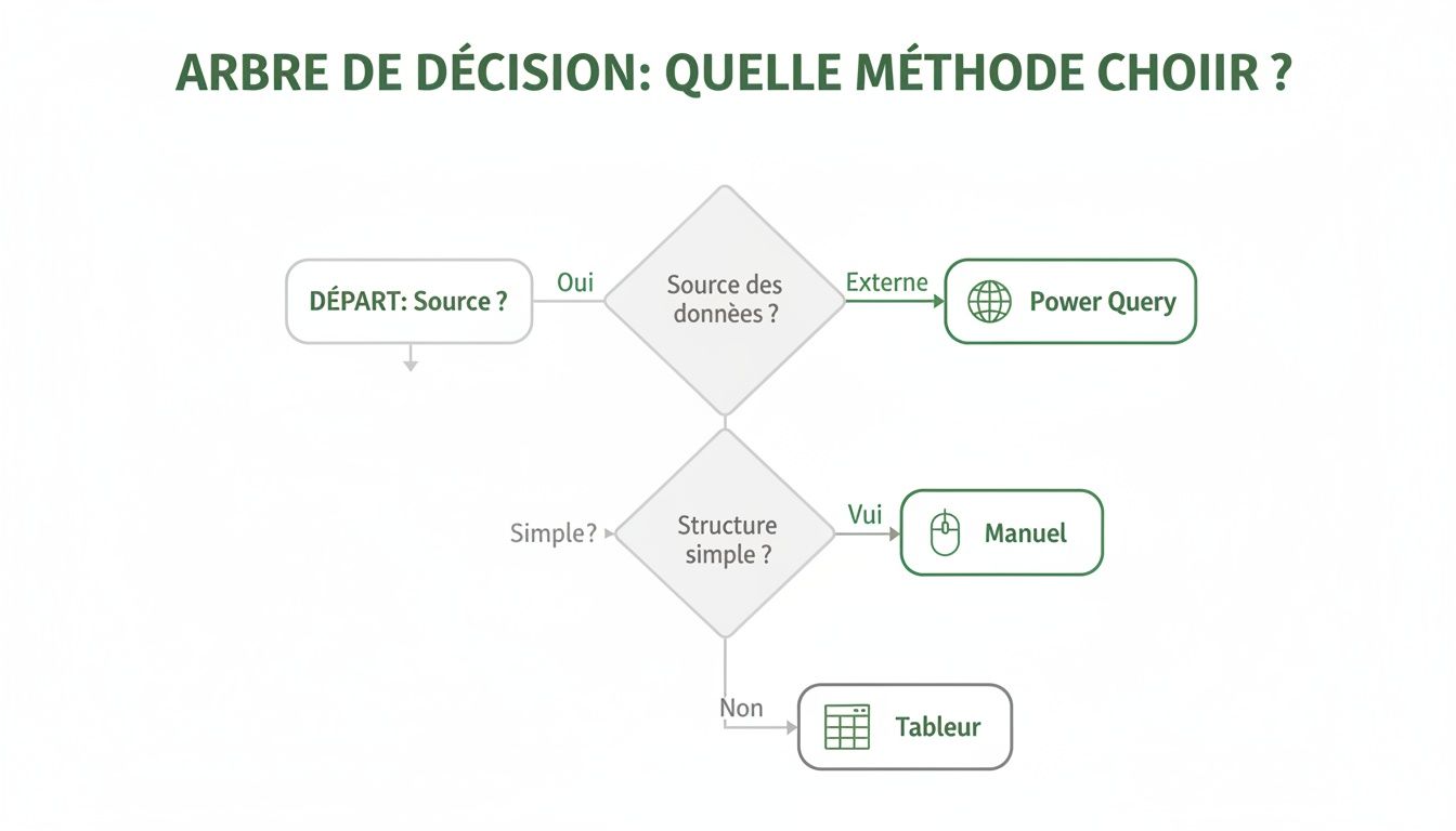 Arbre de décision pour choisir une méthode selon la source et la structure des données.